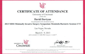 Dr. David Davtyan's University of Cincinnati 2013 MISS Minimally Invasive Surgery Symposium Metabolic Bariatric Certificate