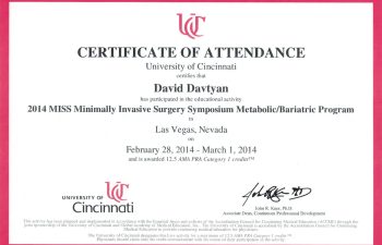 Dr. David Davtyan's 2014 University of Cincinnati MISS Minimally Invasive Surgery Symposium Certification Of Attendance