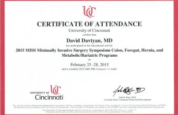 Dr. David Davtyan's 2015 Certificate University of Cincinnati MISS Minimally Invasive Surgery Symposium Colon Foregut Hernia