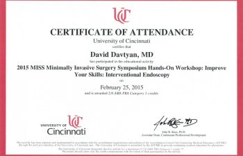 Dr. David Davtyan's 2015 University of Cincinnati MISS Minimally Invasive Surgery Symposium Certification Of Attendance