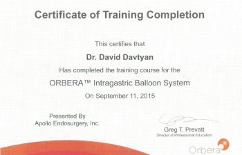 Dr. David G. Davtyan's 2015 Apollo Endosurgery, Inc. Certificate of Training Completion Orbera Intragastric Balloon System