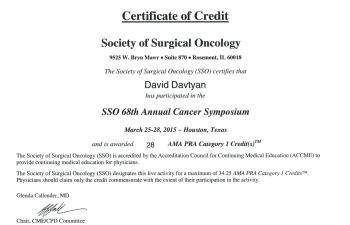 Dr. David Davtyan's 2015 Certification Society of Surgical Oncology For Participating In The SSO 68th Cancer Symposium