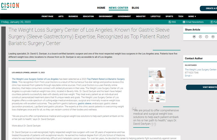 Screenshot of an article titled: The Weight Loss Surgery Center of Los Angeles, Known for Gastric Sleeve Surgery (Sleeve Gastrectomy) Expertise, Recognized as Top Patient Rated Bariatric Surgery Center