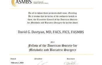 Certificate from ASMBS recognizing Dr. David G. Davtyan as a Fellow of the American Society for Metabolic and Bariatric Surgery, issued February 1, 2024.