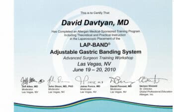 Certificate for Dr. David Davtyan confirming completion of LAP-BAND® Adjustable Gastric Banding System training, held in Las Vegas, June 19–20, 2010.