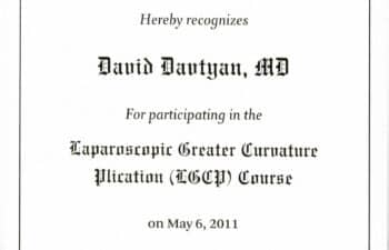 Certificate from Cleveland Clinic recognizing Dr. David Davtyan for completing the LGCP Course on May 6, 2011.