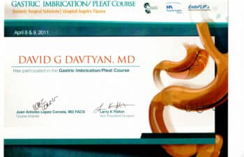 Certificate of participation awarded to Dr. David G. Davtyan for completing the Gastric Imbrication/Pleat Course, April 8–9, 2011, at Hospital Ángeles Tijuana.