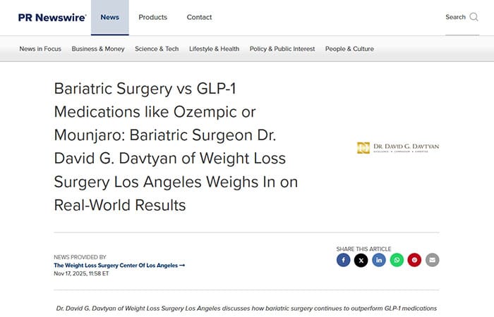 Screenshot of a PR Newswire article headline about bariatric surgery vs. GLP-1 medications, featuring Dr. David G. Davtyan’s analysis on real-world results.
